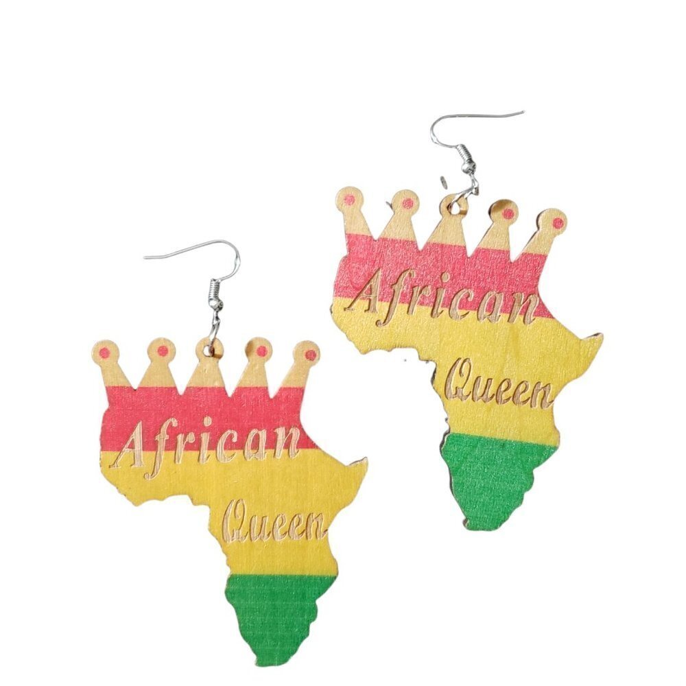 Womens Africa Crown Queen African American Wooden Retro French Hook Earrings